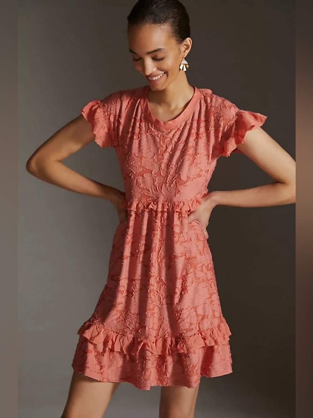 Anthropologie Sz Lg Coral Floral Jacquard Ruffle Mini Dress